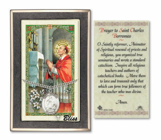 Silver Filled Saint Charles Borromeo Medal on an 24 inch Heavy Curb Chain with a Prayer to St Charles Boromeo Prayer Card. Engraved Catholic Saint Jewelry