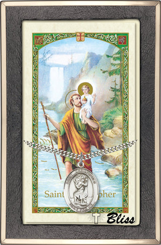 Silver Filled Saint Christopher Medal on an 24 inch Heavy Curb Chain with a Motorists Prayer to St Christopher Prayer Card. Engraved Catholic Saint Jewelry