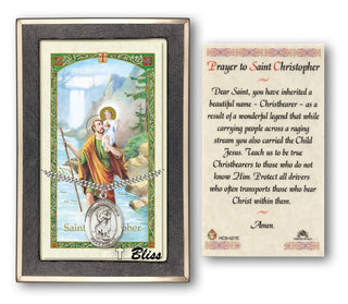 Silver Filled Saint Christopher Medal on an 24 inch Heavy Curb Chain with a Prayer to St Cristopher Prayer Card. Engraved Catholic Saint Jewelry