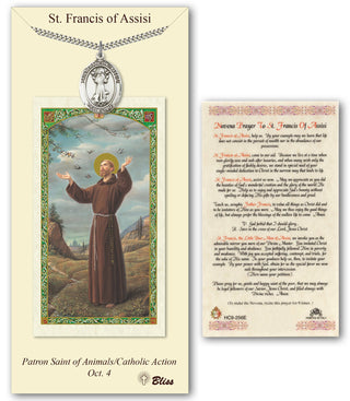 Pewter Saint Francis of Assisi Medal on an 24 inch Heavy Curb Chain with a Novena to St Francis of Assisi Prayer Card. Engraved Catholic Saint Jewelry