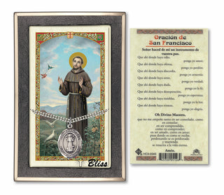Sterling Silver San Francis Medal | 24-inch Chain | Prayer for Peace to St Francis Prayer Card Engraved Catholic Saint Jewelry