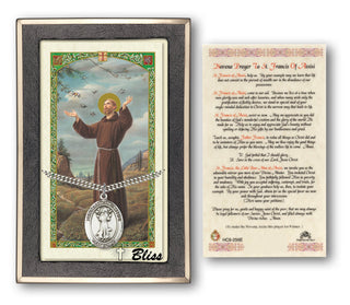 Silver Filled Saint Francis of Assisi Medal on an 24 inch Heavy Curb Chain with a Novena to St Francis of Assisi Prayer Card. Engraved Catholic Saint Jewelry