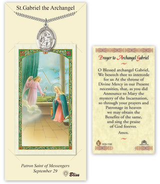 Pewter Saint Gabriel the Archangel Medal on an 24 inch Heavy Curb Chain with a Prayer to St Gabriel Archangel Prayer Card. Engraved Catholic Saint Jewelry