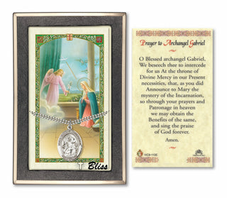 Silver Filled Saint Gabriel the Archangel Medal on an 24 inch Heavy Curb Chain with a Prayer to St Gabriel Archangel Prayer Card. Engraved Catholic Saint Jewelry