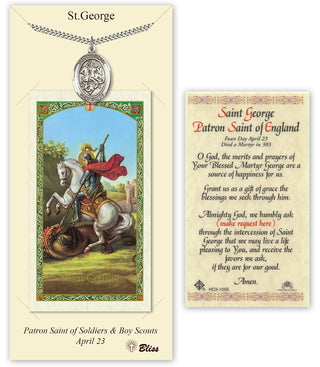 Pewter Saint George Medal on an 24 inch Heavy Curb Chain with a Prayer to St George Prayer Card. Engraved Catholic Saint Jewelry