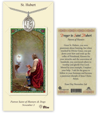 Pewter Saint Hubert of Liege Medal on an 24 inch Heavy Curb Chain with a Prayer to Saint Hubert Prayer Card. Engraved Catholic Saint Jewelry