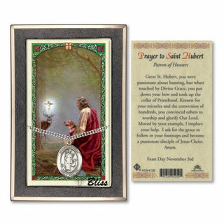 Sterling Silver Saint Hubert of Liege Medal | 24-inch Chain | Prayer to Saint Hubert Prayer Card Engraved Catholic Saint Jewelry