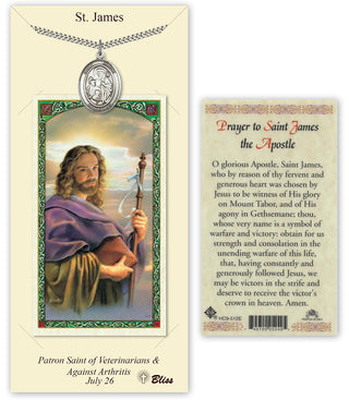 Pewter Saint James the Greater Medal on an 24 inch Heavy Curb Chain with a Prayer to Saint James the Apostle Prayer Card. Engraved Catholic Saint Jewelry