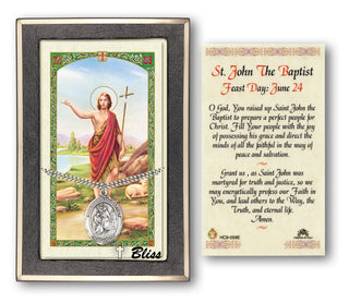 Silver Filled Saint John the Baptist Medal on an 24 inch Heavy Curb Chain with a Prayer to St John the Baptist Prayer Card. Engraved Catholic Saint Jewelry