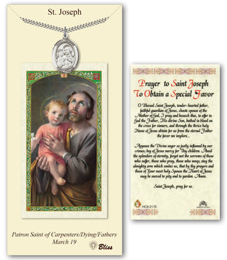 Pewter Saint Joseph Medal on an 24 inch Heavy Curb Chain with a Prayer to St Joseph to Obtain a Special Favor Prayer Card. Engraved Catholic Saint Jewelry