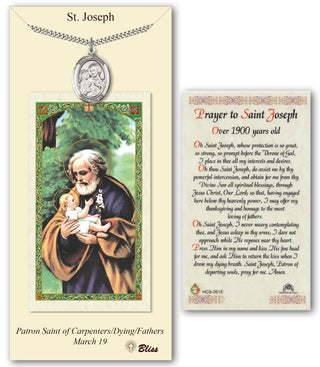 Pewter Saint Joseph Medal on an 24 inch Heavy Curb Chain with a Prayer to St Joseph Prayer Card. Engraved Catholic Saint Jewelry