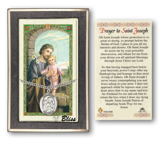 Silver Filled Saint Joseph Medal on an 24 inch Heavy Curb Chain with a Prayer to St Joseph Prayer Card. Engraved Catholic Saint Jewelry