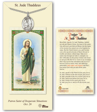 Pewter Saint Jude Thaddeus Medal on an 24 inch Heavy Curb Chain with a Prayer to St Jude Thaddeus Prayer Card. Engraved Catholic Saint Jewelry