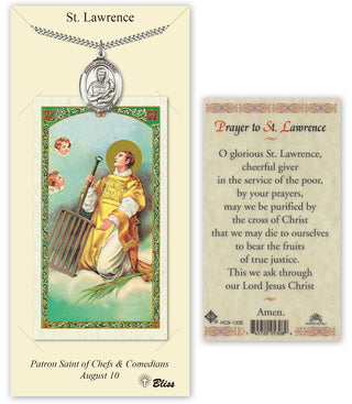 Pewter Saint Lawrence Medal on an 24 inch Heavy Curb Chain with a Prayer to Saint Lawrence Prayer Card. Engraved Catholic Saint Jewelry