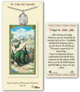 Pewter Saint Luke the Apostle Medal on an 24 inch Heavy Curb Chain with a Prayer to St Luke Prayer Card. Engraved Catholic Saint Jewelry