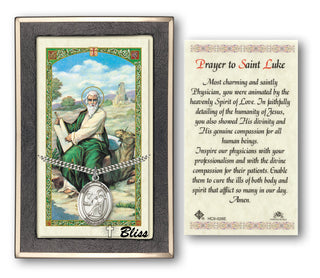 Silver Filled Saint Luke the Apostle Medal on an 24 inch Heavy Curb Chain with a Prayer to St Luke Prayer Card. Engraved Catholic Saint Jewelry