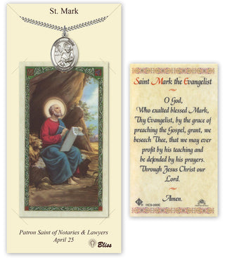 Pewter Saint Mark the Evangelist Medal on an 24 inch Heavy Curb Chain with a Saint Mark the Evangelist Prayer Card. Engraved Catholic Saint Jewelry