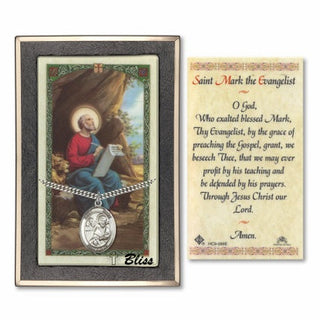 Silver Filled Saint Mark the Evangelist Medal on an 24 inch Heavy Curb Chain with a Saint Mark the Evangelist Prayer Card. Engraved Catholic Saint Jewelry