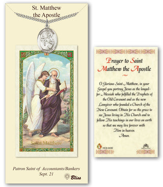 Pewter Saint Matthew the Apostle Medal on an 24 inch Heavy Curb Chain with a Prayer to St Matthew the Apostle Prayer Card. Engraved Catholic Saint Jewelry