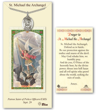 Pewter Saint Michael the Archangel Medal on an 24 inch Heavy Curb Chain with a Prayer to St Michael - Defend Us in Battle Prayer Card. Engraved Catholic Saint Jewelry
