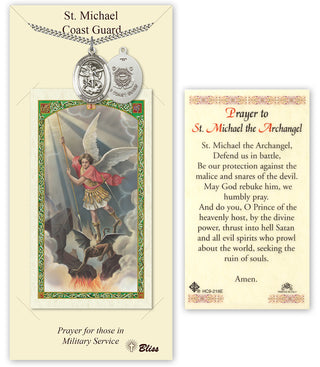 Pewter Saint Michael / Coast Guard Medal on an 24 inch Heavy Curb Chain with a Prayer to St Michael - Defend Us in Battle Prayer Card.