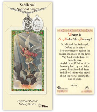 Pewter Saint Michael / Nat'l Guard Medal on an 24 inch Heavy Curb Chain with a Prayer to St Michael - Defend Us in Battle Prayer Card.