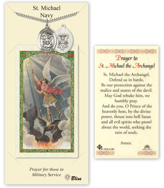 Pewter Saint Michael / Navy Medal on an 24 inch Heavy Curb Chain with a Prayer to St Michael - Defend Us in Battle Prayer Card.