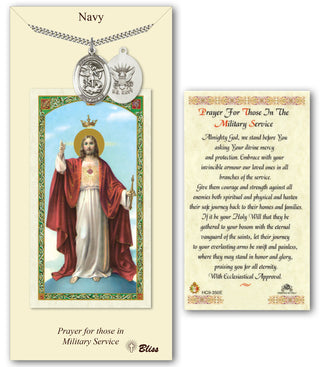 Pewter Saint Michael / Navy Medal on an 24 inch Heavy Curb Chain with a Prayer For Those in the Military Service Prayer Card.