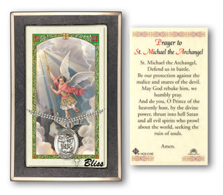 Sterling Silver Saint Michael the Archangel Medal | 24-inch Chain | Prayer to St Michael - Defend Us in Battle Prayer Card Engraved Catholic Saint Jewelry