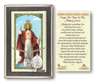 Silver Filled Saint Michael / Air Force Medal on an 24 inch Heavy Curb Chain with a Prayer For Those in the Military Service Prayer Card. Engraved Catholic Saint Jewelry