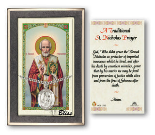 Silver Filled Saint Nicholas Medal on an 24 inch Heavy Curb Chain with a Traditional St Nicholas Prayer Prayer Card. Engraved Catholic Saint Jewelry