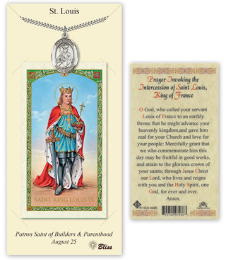 Pewter Saint Louis Medal on an 24 inch Heavy Curb Chain with a Prayer Invoking the Intercession of Saint Louis King of France Prayer Card. Engraved Catholic Saint Jewelry