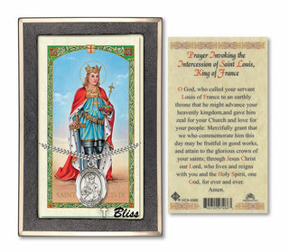 Silver Filled Saint Louis Medal on an 24 inch Heavy Curb Chain with a Prayer Invoking the Intercession of Saint Louis King of France Prayer Card. Engraved Catholic Saint Jewelry