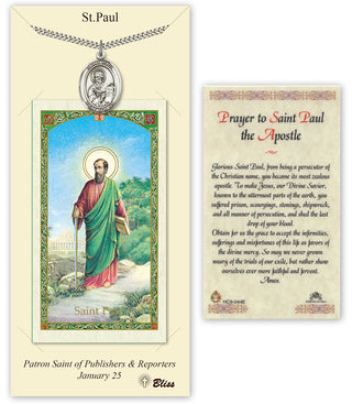 Pewter Saint Paul the Apostle Medal on an 24 inch Heavy Curb Chain with a Prayer to St Paul Prayer Card. Engraved Catholic Saint Jewelry