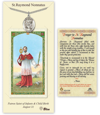 Pewter Saint Raymond Nonnatus Medal on an 24 inch Heavy Curb Chain with a Prayer to Saint Raymond Nonnatus Prayer Card. Engraved Catholic Saint Jewelry