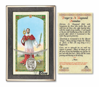 Silver Filled Saint Raymond Nonnatus Medal on an 24 inch Heavy Curb Chain with a Prayer to Saint Raymond Nonnatus Prayer Card. Engraved Catholic Saint Jewelry