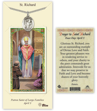 Pewter Saint Richard Medal on an 24 inch Heavy Curb Chain with a Prayer to St Richard Prayer Card. Engraved Catholic Saint Jewelry