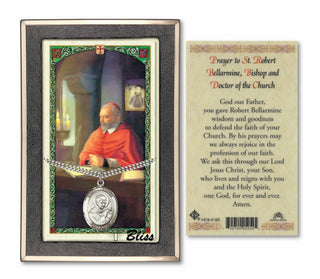 Silver Filled Saint Robert Bellarmine Medal on an 24 inch Heavy Curb Chain with a Prayer to Saint Robert Prayer Card. Engraved Catholic Saint Jewelry