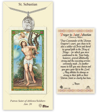 Pewter Saint Sebastian Medal on an 24 inch Heavy Curb Chain with a Prayer to St Sebastian Prayer Card. Engraved Catholic Saint Jewelry