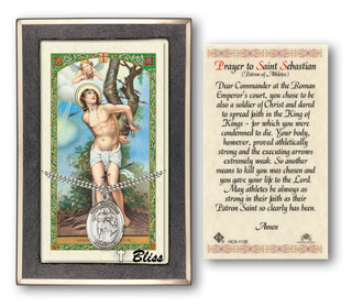 Silver Filled Saint Sebastian Medal on an 24 inch Heavy Curb Chain with a Prayer to St Sebastian Prayer Card. Engraved Catholic Saint Jewelry