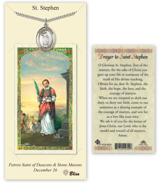 Pewter Saint Stephen the Martyr Medal on an 24 inch Heavy Curb Chain with a Prayer to Saint Stephen Prayer Card. Engraved Catholic Saint Jewelry