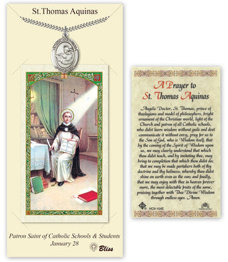 Pewter Saint Thomas Aquinas Medal on an 24 inch Heavy Curb Chain with a St Thomas Aquinas - A Student's Prayer Prayer Card. Engraved Catholic Saint Jewelry