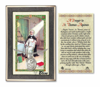 Silver Filled Saint Thomas Aquinas Medal on an 24 inch Heavy Curb Chain with a St Thomas Aquinas - A Student's Prayer Prayer Card. Engraved Catholic Saint Jewelry