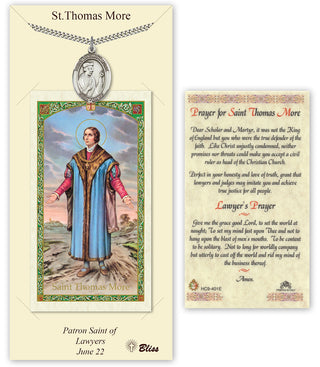 Pewter Saint Thomas More Medal on an 24 inch Heavy Curb Chain with a Prayer to St Thomas More Prayer Card. Engraved Catholic Saint Jewelry