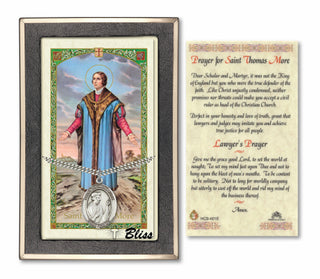 Silver Filled Saint Thomas More Medal on an 24 inch Heavy Curb Chain with a Prayer to St Thomas More Prayer Card. Engraved Catholic Saint Jewelry