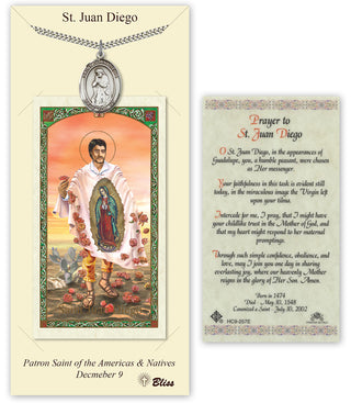 Pewter Saint Juan Diego Medal on an 24 inch Heavy Curb Chain with a Prayer to St Juan Diego of Guadalupe Prayer Card.