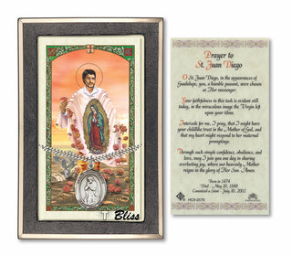 Silver Filled Saint Juan Diego Medal on an 24 inch Heavy Curb Chain with a Prayer to St Juan Diego of Guadalupe Prayer Card.