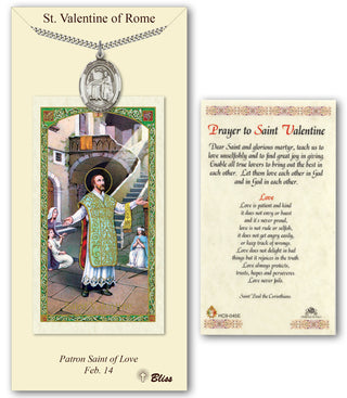Pewter Saint Valentine of Rome Medal on an 24 inch Heavy Curb Chain with a Prayer to St Valentine Prayer Card. Engraved Catholic Saint Jewelry