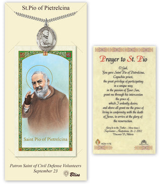 Pewter Saint Pio of Pietrelcina Medal on an 24 inch Heavy Curb Chain with a HC Padre Pio English Prayer Card. Engraved Catholic Saint Jewelry