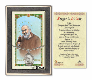 Silver Filled Saint Pio of Pietrelcina Medal on an 24 inch Heavy Curb Chain with a HC Padre Pio English Prayer Card. Engraved Catholic Saint Jewelry